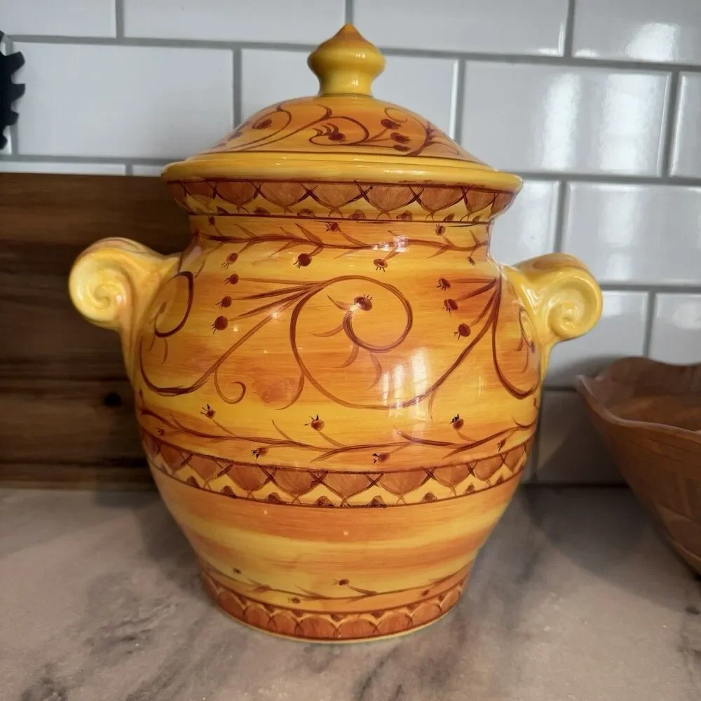 Pier 1 Hand-Painted Earthenware Karistan 11x12” Large Cookie Jar Crock With Lid